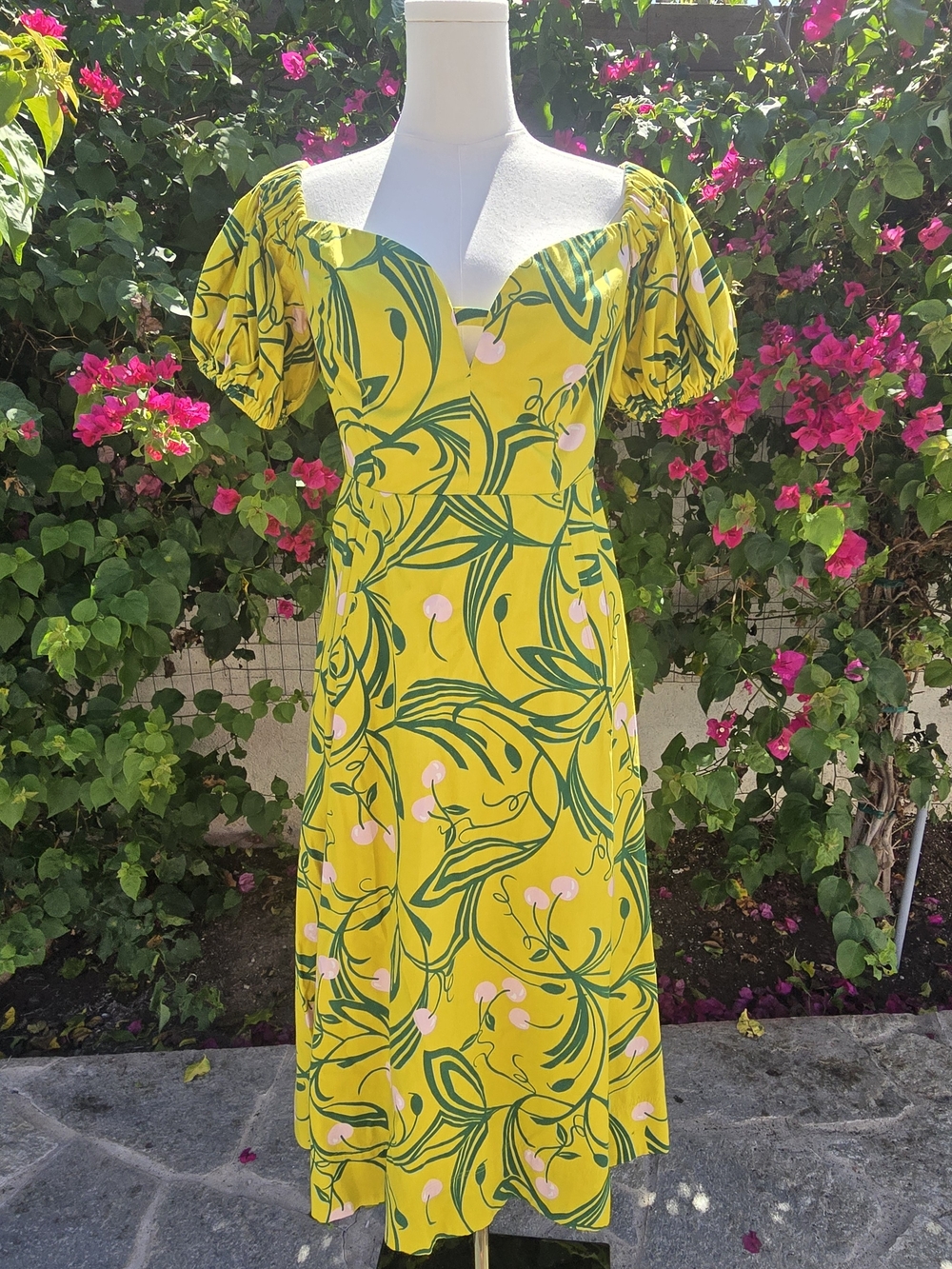 Maeve Yellow Floral Midi Dress with Puff Sleeves